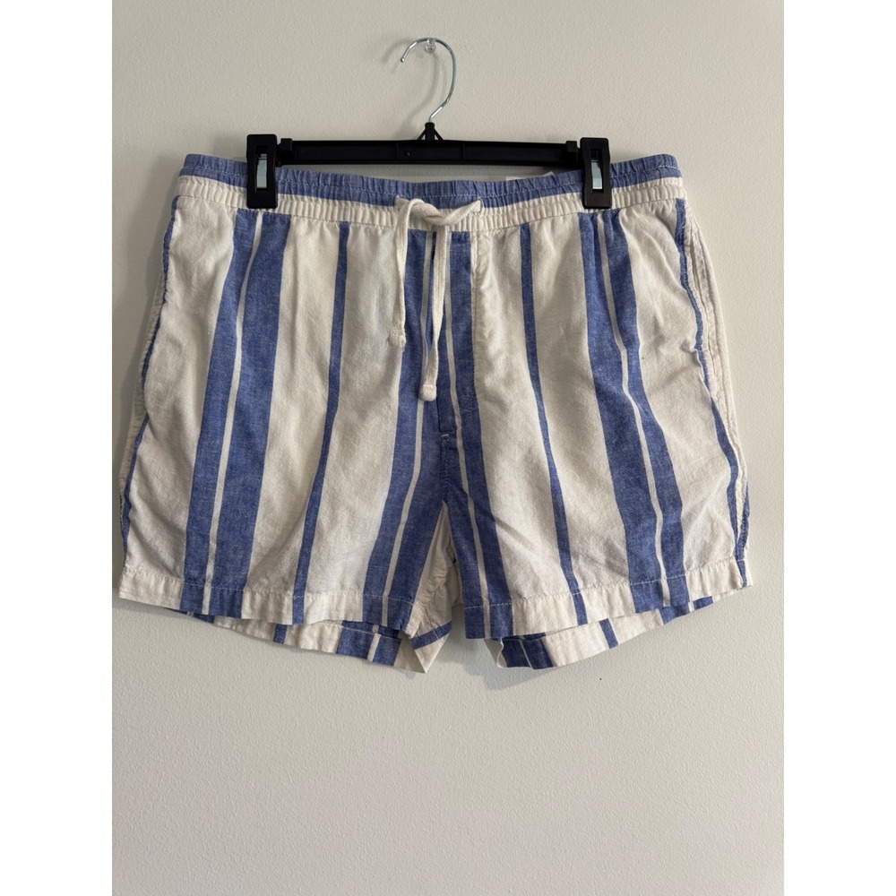 H&M Striped Linen Blend Pull-On Shorts Women Medium Blue White Nautical Beach hm